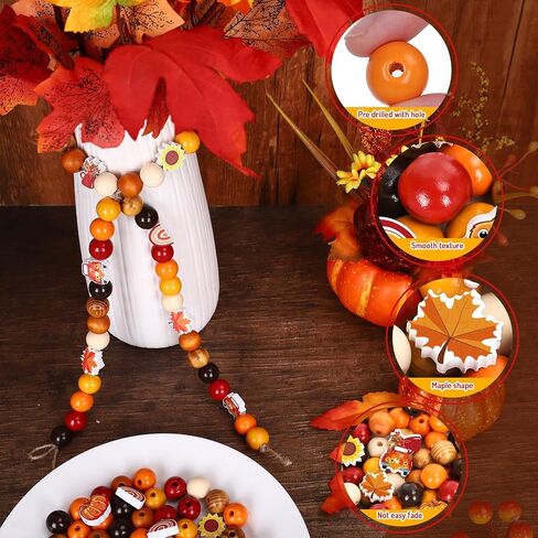Whaline 245Pcs Fall Wooden Beads Rustic Farmhouse Craft Bead Autumn Maple Leaves Pumpkins Flower Shape Spacer Beads Natural Round Bead for Thanksgiving DIY Craft Making Bracelet Necklace Decor in Saudi Arabia