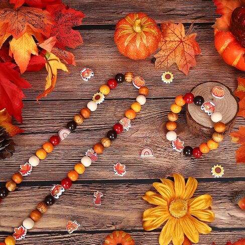 Whaline 245Pcs Fall Wooden Beads Rustic Farmhouse Craft Bead Autumn Maple Leaves Pumpkins Flower Shape Spacer Beads Natural Round Bead for Thanksgiving DIY Craft Making Bracelet Necklace Decor in Saudi Arabia
