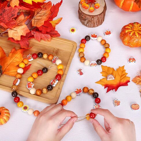 Whaline 245Pcs Fall Wooden Beads Rustic Farmhouse Craft Bead Autumn Maple Leaves Pumpkins Flower Shape Spacer Beads Natural Round Bead for Thanksgiving DIY Craft Making Bracelet Necklace Decor in Saudi Arabia