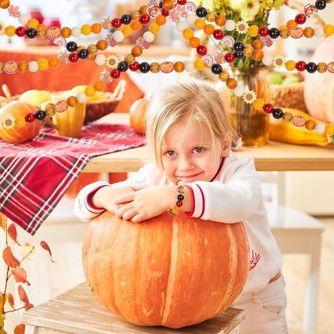 Whaline 245Pcs Fall Wooden Beads Rustic Farmhouse Craft Bead Autumn Maple Leaves Pumpkins Flower Shape Spacer Beads Natural Round Bead for Thanksgiving DIY Craft Making Bracelet Necklace Decor in Saudi Arabia