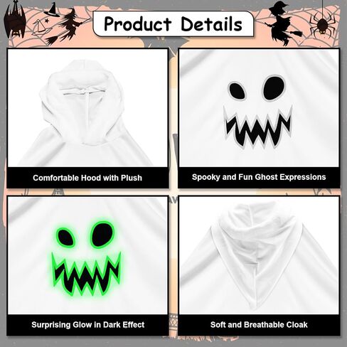 JGCWorker Kids Glow-in-the-Dark Ghost Costume - Boo Hooded Cloak with Scary Face, Halloween Cape for Trick-or-Treating in Saudi Arabia