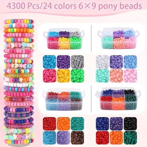 4300pcs حبات المهر ، 24 لونا حبة بلاستيكية لإنشاء أساور حرف الشعر حبات Kandi الصداقة المجوهر in Kuwait