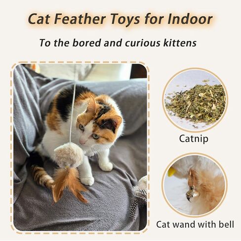 لعبة عصا القط التفاعلية مع ريشة ، 4 أجهزة كمبيوتر الكرة الفخمة القط العصي الدعائية مع Catnip & Bell Cats Toys لمطاردة اللعب الداخلي مع القطط in Kuwait