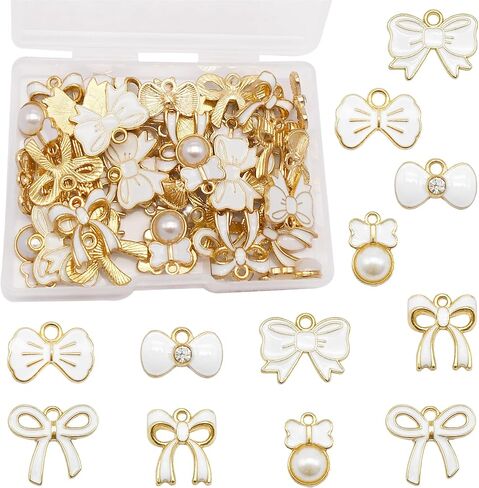 60 Pieces Pink Enamel Bow Charms Set, 6 Styles with Pearl and Crystal Accents, Gold-Tone Pendants for DIY Jewelry Making in Saudi Arabia