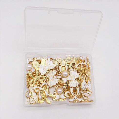 60 Pieces Pink Enamel Bow Charms Set, 6 Styles with Pearl and Crystal Accents, Gold-Tone Pendants for DIY Jewelry Making in Saudi Arabia