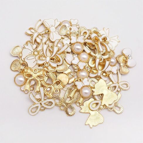 60 Pieces Pink Enamel Bow Charms Set, 6 Styles with Pearl and Crystal Accents, Gold-Tone Pendants for DIY Jewelry Making in Saudi Arabia