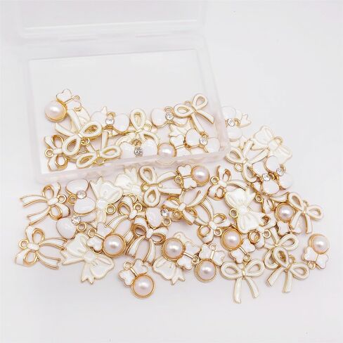 60 Pieces Pink Enamel Bow Charms Set, 6 Styles with Pearl and Crystal Accents, Gold-Tone Pendants for DIY Jewelry Making in Saudi Arabia