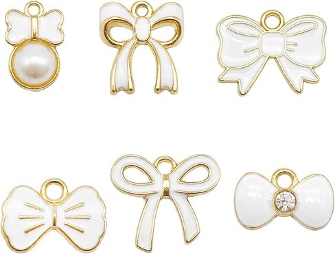 60 Pieces Pink Enamel Bow Charms Set, 6 Styles with Pearl and Crystal Accents, Gold-Tone Pendants for DIY Jewelry Making in Saudi Arabia