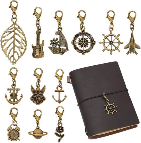 Benecreat 12 Styles Traveler's Notebook Charms Vintage ، سحر سوار مع مشابك جراد البحر لصنع المجوهرات ، ديكور دفاتر ، معلقات السبائك الذهبية العتيقة لمخطط اليومية ، القلادة ، سلسلة المفاتيح in Kuwait