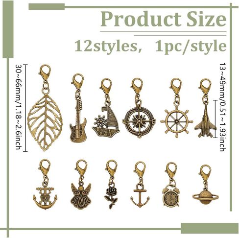 Benecreat 12 Styles Traveler's Notebook Charms Vintage ، سحر سوار مع مشابك جراد البحر لصنع المجوهرات ، ديكور دفاتر ، معلقات السبائك الذهبية العتيقة لمخطط اليومية ، القلادة ، سلسلة المفاتيح in Kuwait