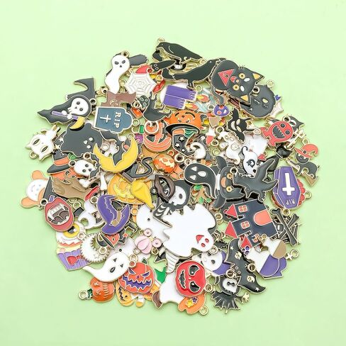 100pcs Alloy enamel Halloween series Ghost Mysterious Black Cat Ghost House Pumpkin Lantern Bat Witch Pendant Jewelry Making DIY Keychain Earrings Pendant Various Design Charms for Jewelry Making Bracelets Necklace (SN982) in Saudi Arabia