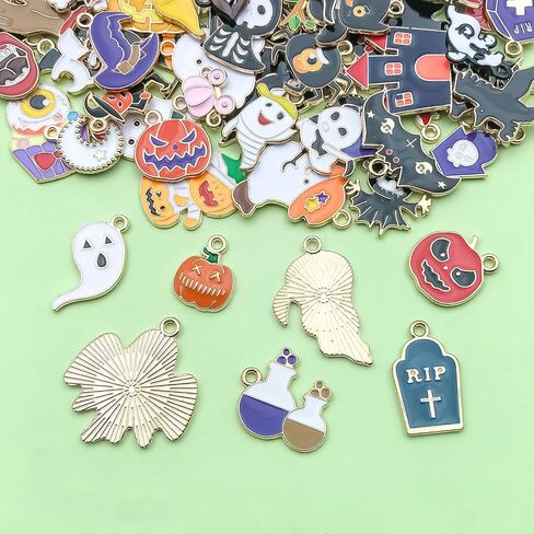 100pcs Alloy enamel Halloween series Ghost Mysterious Black Cat Ghost House Pumpkin Lantern Bat Witch Pendant Jewelry Making DIY Keychain Earrings Pendant Various Design Charms for Jewelry Making Bracelets Necklace (SN982) in Saudi Arabia