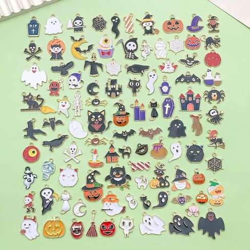100pcs Alloy enamel Halloween series Ghost Mysterious Black Cat Ghost House Pumpkin Lantern Bat Witch Pendant Jewelry Making DIY Keychain Earrings Pendant Various Design Charms for Jewelry Making Bracelets Necklace (SN982) in Saudi Arabia