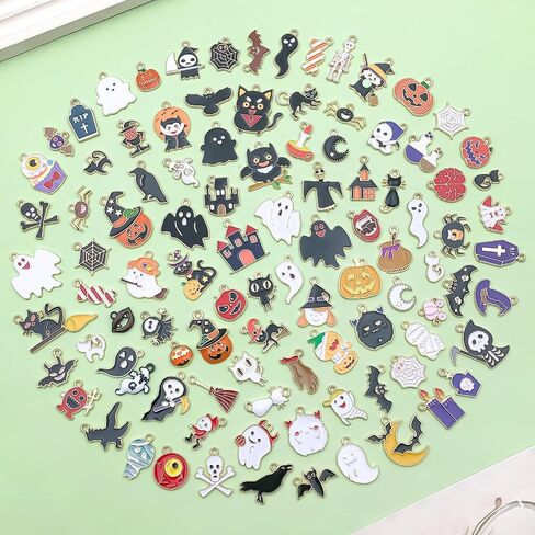 100pcs Alloy enamel Halloween series Ghost Mysterious Black Cat Ghost House Pumpkin Lantern Bat Witch Pendant Jewelry Making DIY Keychain Earrings Pendant Various Design Charms for Jewelry Making Bracelets Necklace (SN982) in Saudi Arabia