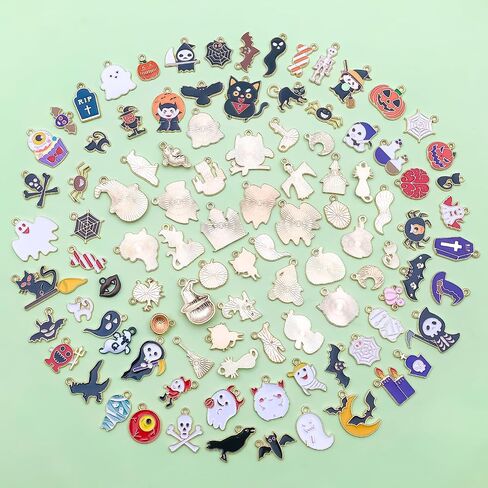 100pcs Alloy enamel Halloween series Ghost Mysterious Black Cat Ghost House Pumpkin Lantern Bat Witch Pendant Jewelry Making DIY Keychain Earrings Pendant Various Design Charms for Jewelry Making Bracelets Necklace (SN982) in Saudi Arabia