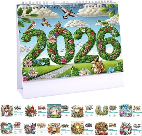 DIY Diamond Art Painting 2026 Desk Calendar Ornament ، مخطط شهري من يناير 2026 إلى ديسمبر ، تقويم مكتب المكتب المنزلي لمدة 12 شهر in Kuwait