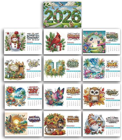 DIY Diamond Art Painting 2026 Desk Calendar Ornament ، مخطط شهري من يناير 2026 إلى ديسمبر ، تقويم مكتب المكتب المنزلي لمدة 12 شهر in Kuwait