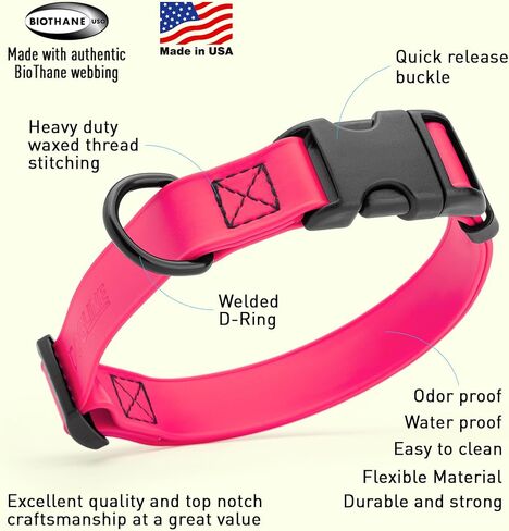 Dogline Biothane Waterproof Dog Collar with Quick Release Buckle Strong Coated Nylon Webbing with Odor- Proof for Easy Care Easy to Clean Fits Small Medium or Large Dogs, Pink 3/4" W 12-19" L in Saudi Arabia
