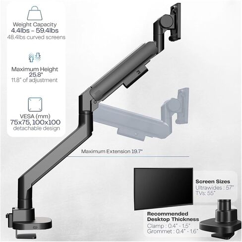 Black Pneumatic Arm Single Extra Wide Computer Monitor Desk Stand - 57" in Saudi Arabia