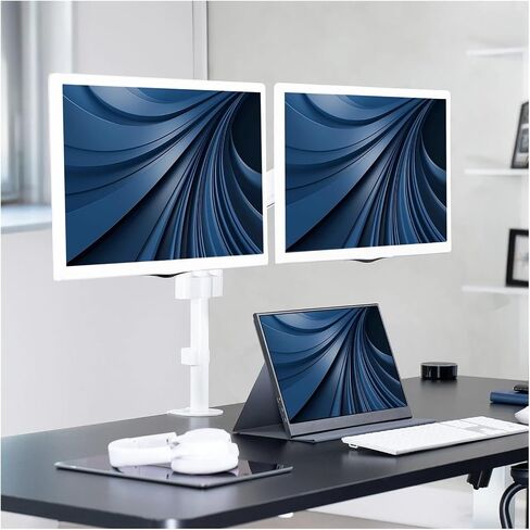 White Dual Monitor Pneumatic Sit-Stand Desk Stand for 2 Screens up to 32 Inches in Saudi Arabia