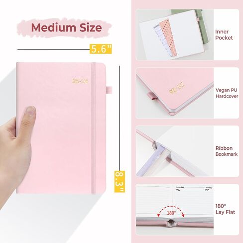 SUNEE 2025-2026 Weekly & Monthly Hardcover Planner 5.5" x 8.3" - 12 Month (July 2025 - June 2026), Small Academic Year Calendar Planner, Pocket, Notes, 100 GSM Paper, Peach Pink in Saudi Arabia