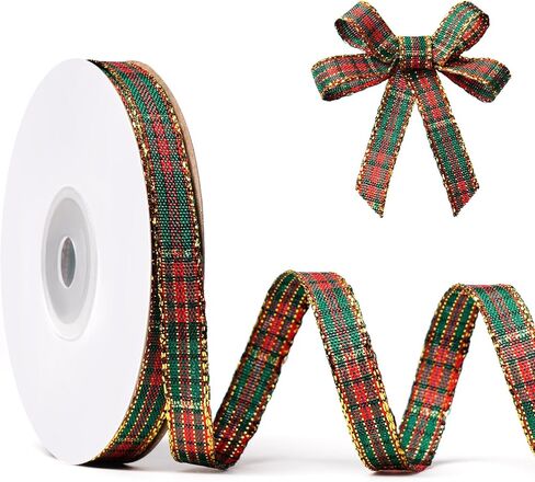 عيد الميلاد القماش القطني الشريط 3/8 بوصة 25 ياردة الذهب الأحمر والأخضر المتقلب الشريط منقو in Kuwait
