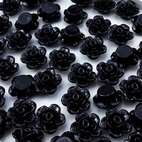 200pcs Acrylic Rose Flower Beads Candy Color Flat Back Spacer Beads Loose Pastel Colorful Decor for DIY Crafts Jewelry Making Bracelet Necklace Earrings(Black) in Saudi Arabia