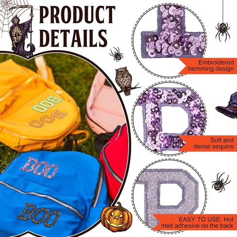 24 Pcs Halloween Boo Iron on Patches Sequin Iron on Patches Decorative Shiny Appliques for Clothing Bags Jackets Jeans Hats Backpacks Costume Accessory in Saudi Arabia