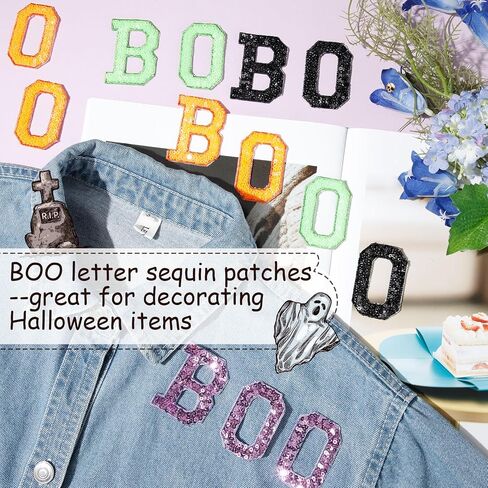 24 Pcs Halloween Boo Iron on Patches Sequin Iron on Patches Decorative Shiny Appliques for Clothing Bags Jackets Jeans Hats Backpacks Costume Accessory in Saudi Arabia