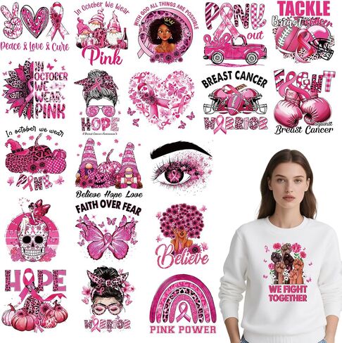 نقل DTF جاهز للضغط - 20pcs التوعية بسرطان الثدي الحديد على نقل tshirts ، حديد الشريط الوردي على بقع الشارات ، Power Hop in Kuwait
