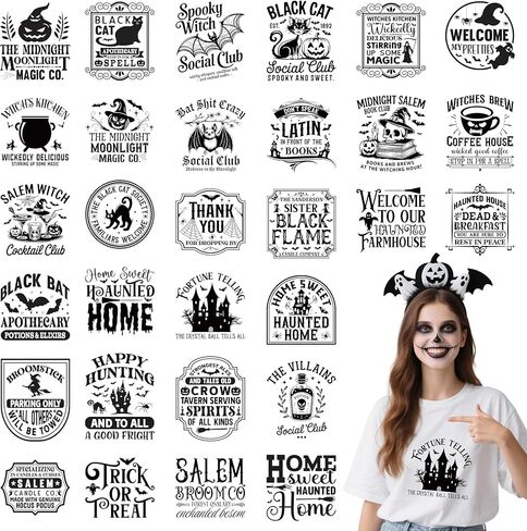 Halloween Iron on Transfers for Tshirts - 30 Pcs Black Style Halloween DTF Transfers Ready to Press, Spooky Iron on Decals for T-Shirts Clothing Jackets Hats Backpacks DIY Crafts in Saudi Arabia