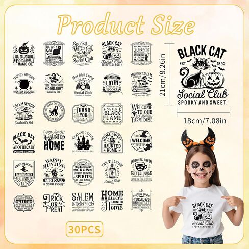Halloween Iron on Transfers for Tshirts - 30 Pcs Black Style Halloween DTF Transfers Ready to Press, Spooky Iron on Decals for T-Shirts Clothing Jackets Hats Backpacks DIY Crafts in Saudi Arabia