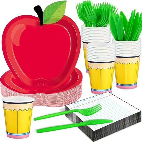 125pcs العودة إلى الزخارف المدرسية ، مناديل Apple Pents Cups Coups لليوم الأول من مستلزمات حفلات التخرج من معلمي المدارس (يخدم 25 ضيفًا) in Kuwait