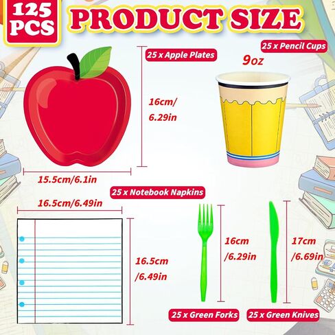 125pcs العودة إلى الزخارف المدرسية ، مناديل Apple Pents Cups Coups لليوم الأول من مستلزمات حفلات التخرج من معلمي المدارس (يخدم 25 ضيفًا) in Kuwait