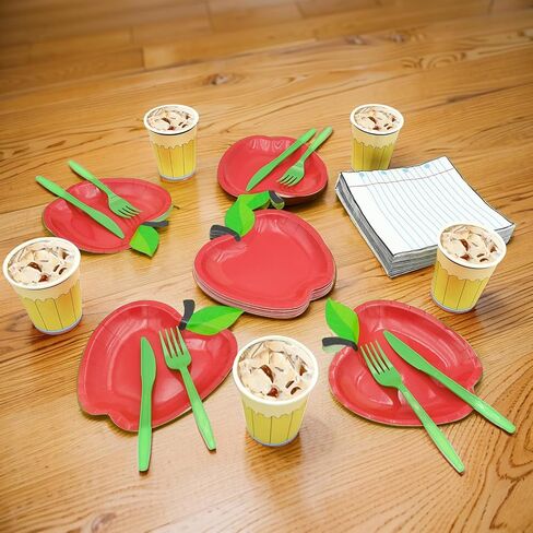 125pcs العودة إلى الزخارف المدرسية ، مناديل Apple Pents Cups Coups لليوم الأول من مستلزمات حفلات التخرج من معلمي المدارس (يخدم 25 ضيفًا) in Kuwait