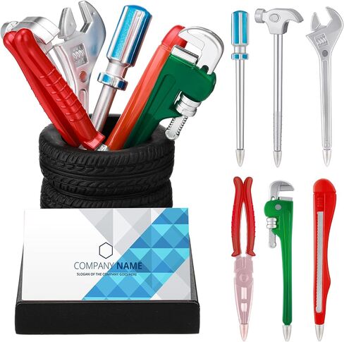 7 Pcs Car Pen Holder Tire Shape Stationery Set Gift Business Card Holder Automotive Desk Organizer Novelty Tool Wrench Pens Fun Tire Decor for Office Mechanic Men Car Lover Sales Accessories in Saudi Arabia