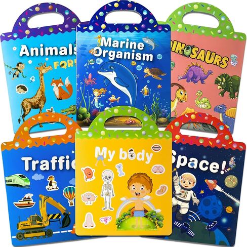 6 Pack Reusable Sticker Books for Kids, Waterproof Puffy Stickers - Toddler Travel Essential Quiet Time Activities Toys - Animal, Marine, Dinosaur, Traffic, Space and Organ (2-6 Age) in Saudi Arabia