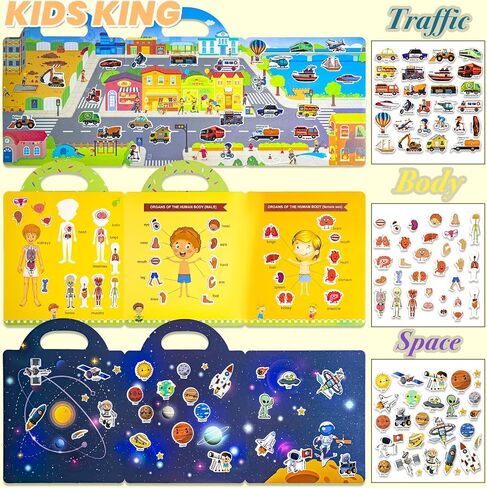 6 Pack Reusable Sticker Books for Kids, Waterproof Puffy Stickers - Toddler Travel Essential Quiet Time Activities Toys - Animal, Marine, Dinosaur, Traffic, Space and Organ (2-6 Age) in Saudi Arabia