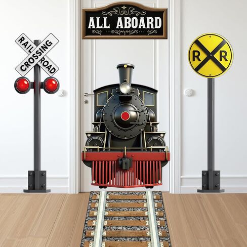 Train Party Decoration Train Theme Door Banner Backdrop Railroad Track Aisle Runner Traffic Crossing Sign Background Fabric for Winter Christmas Birthday School Classroom Home Xmas Holiday Supplies in Saudi Arabia