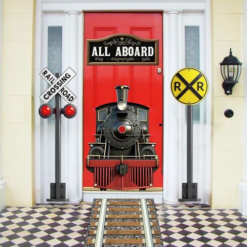 Train Party Decoration Train Theme Door Banner Backdrop Railroad Track Aisle Runner Traffic Crossing Sign Background Fabric for Winter Christmas Birthday School Classroom Home Xmas Holiday Supplies in Saudi Arabia