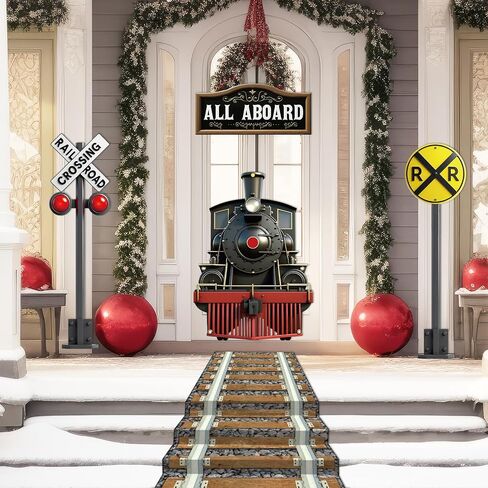 Train Party Decoration Train Theme Door Banner Backdrop Railroad Track Aisle Runner Traffic Crossing Sign Background Fabric for Winter Christmas Birthday School Classroom Home Xmas Holiday Supplies in Saudi Arabia