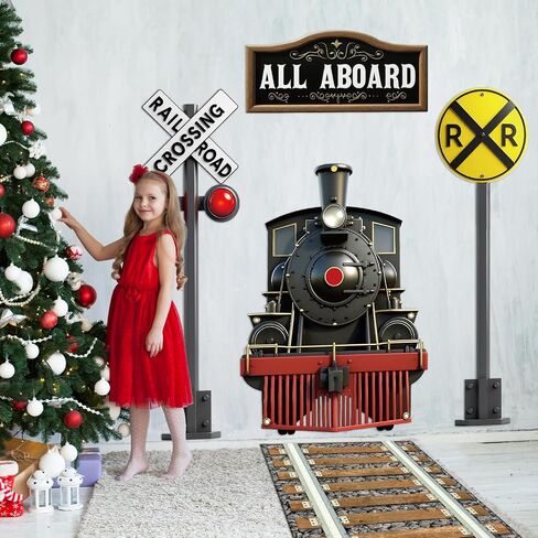 Train Party Decoration Train Theme Door Banner Backdrop Railroad Track Aisle Runner Traffic Crossing Sign Background Fabric for Winter Christmas Birthday School Classroom Home Xmas Holiday Supplies in Saudi Arabia