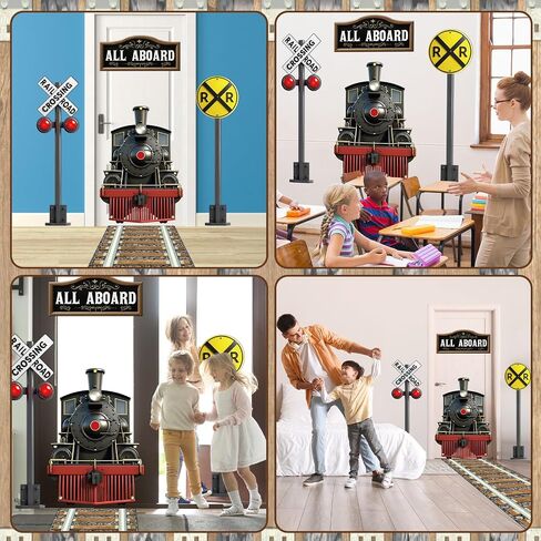 Train Party Decoration Train Theme Door Banner Backdrop Railroad Track Aisle Runner Traffic Crossing Sign Background Fabric for Winter Christmas Birthday School Classroom Home Xmas Holiday Supplies in Saudi Arabia