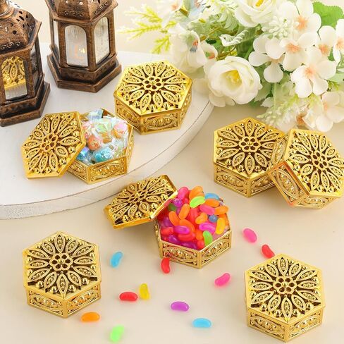 Yexiya 24 Pcs Indian Return Gifts for Pooja Bulk Hollow out Hexagon Candy Boxes Decorative Candy Containers Golden Hexagon Box Storage Gift Boxes for Wedding Christmas Birthday Party Decorating in Saudi Arabia