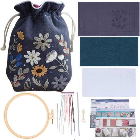 WEBEEDY DIY Embroidery Drawstring Bag Kit with Flower Patterns,Needlepoint Sewing Kit Includes Pre-Printed Fabric,Threads,Needles,Embroidery Hoop and Instruction for Beginners Party DIY Gift Bag in Saudi Arabia
