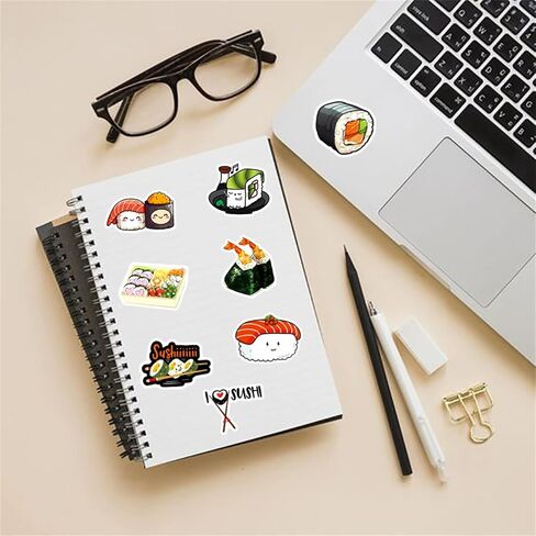 50pcs ملصقات السوشي اللطيفة للأطفال ، ملصقات الطعام في كاواي لزجاجة المياه ، شارات فينيل مقاومة للماء لصالح مجلة Skateboard Party Party Party (Sushi) in Kuwait