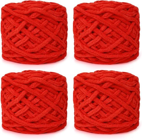 Super Bulky Chenille Yarn for Crocheting – 4 Pack of 100g/3.5oz, CYC #6 Super Bulky Weight Rope-Like Chunky Yarn, Fuzzy Matte Thick for Crocheting Blankets, Bags & Rugs (Bright Red) in Kuwait