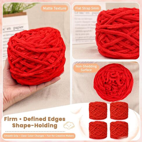 Super Bulky Chenille Yarn for Crocheting – 4 Pack of 100g/3.5oz, CYC #6 Super Bulky Weight Rope-Like Chunky Yarn, Fuzzy Matte Thick for Crocheting Blankets, Bags & Rugs (Bright Red) in Kuwait