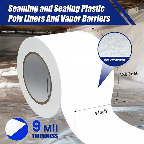 2 Roll, White Vapor Barrier Tape, 4" Wide x 180' Long, PE 9 mm Polyethylene Tape, for Stucco Waterproof Moisture Barriers Seal and Seam, for Crawlspaces, Insulation Repairs & Plastic Liners in Saudi Arabia
