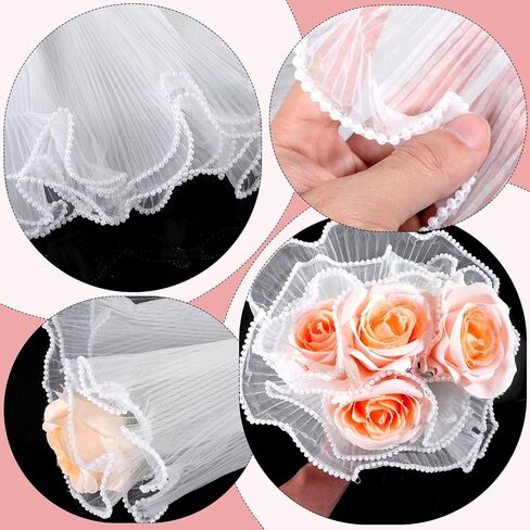 2 Pcs 4 Yards White Flower Wrapping Mesh, Translucen Pearl Edge Wrinkled Bouquet Floral Packaging Paper for Valentine's Day Mother's Day Florist Wedding Gift Packaging DIY Crafts Decorations in Saudi Arabia